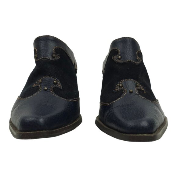 Western Blue Leather Suede Mules Boot Style Clogs Sz 6 Brass Studs Rodeo Slip On - Picture 3 of 12